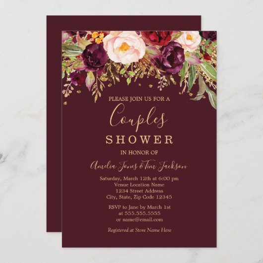 Red Burgundy Gold Glitzer Floral Couples Dusche Einladung (Vorne/Hinten)