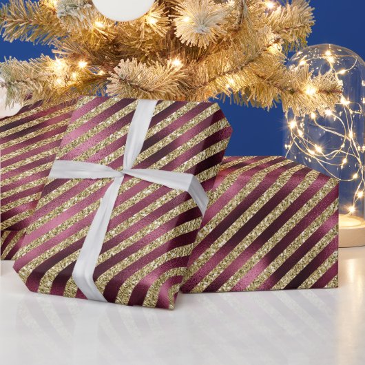 Red Burgundy Gold Glitzer Streifen Geschenkpapier (Feiertage)
