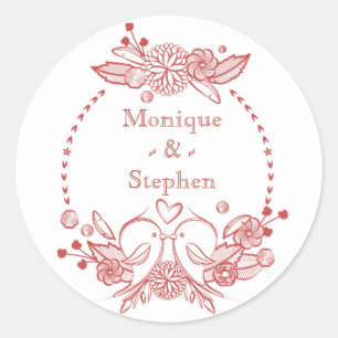 Red Burgundy LoveBirds Personalisierter Name Runder Aufkleber