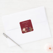 Red Burgundy Marsala Floral Name Square Quadratischer Aufkleber (Umschlag)