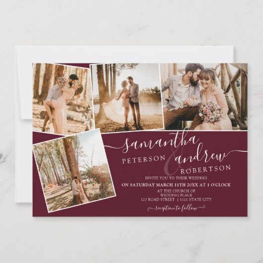 Red burgundy minimalistisches Skript 5 Fotos Hochz Einladung (Rückseite)