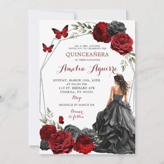 Red Burgundy Rose Schwarzes Kleid Quinceañera Einladung (Vorderseite)