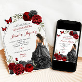 Red Burgundy Rose Schwarzes Kleid Quinceañera Einladung