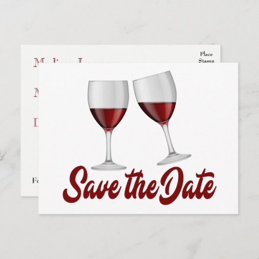 Red Burgundy Save the Date Weingläser Hochzeit Ankündigungspostkarte (Vorne/Hinten)