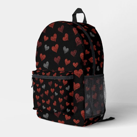 Red Burgundy Silver Glitter Hearts on Black Bedruckter Rucksack (Rückseitige Ecke Rechts)
