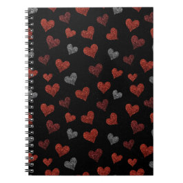 Red Burgundy Silver Glitter Hearts on Black Notizblock