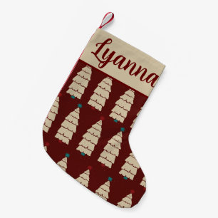 Red Burgundy Tree Pattern Retro Gemütliche Weihnac Kleiner Weihnachtsstrumpf