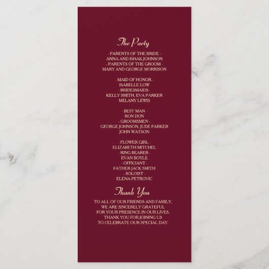 Red Burgundy Wedding Programm (Rückseite)