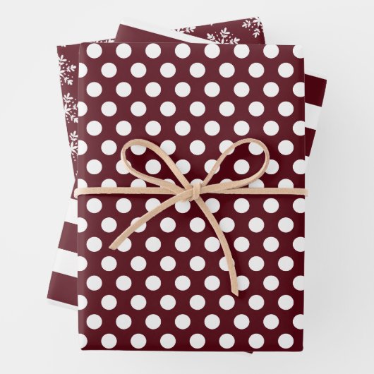 Red Burgundy White Polka Dots Streifen Schneeflock Geschenkpapier Set (Beispiel)