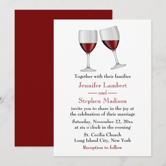 Red Burgundy Wine Glasses Wedding Party Einladung (Vorne/Hinten)