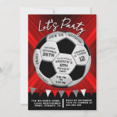 Red Burst Sporty Soccer Ball Boys Birthday Einladung (Vorderseite)