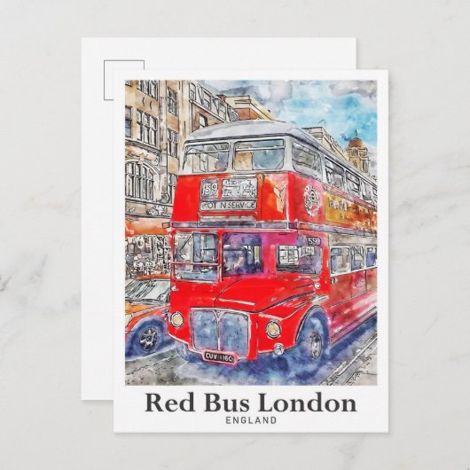 Red Bus London England Art Watercolor Hand Drawing Postkarte (Vorne/Hinten)
