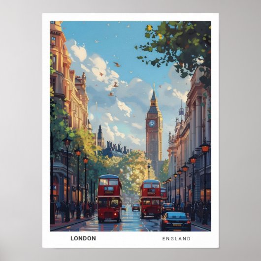 Red Bus London England Vintage Travel Poster (Vorne)