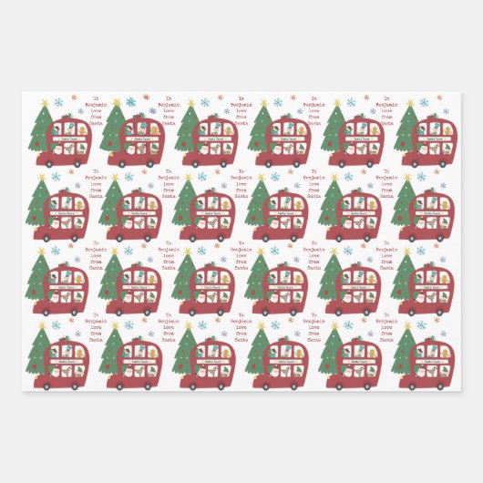 Red Bus Tree Kindername Liebe Weihnachten Geschenkpapier Set (Vorderseite)