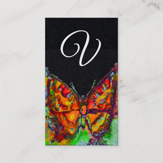 RED BUTTERFLY Gold Yellow Monogram Black Paper Visitenkarte (Rückseite)
