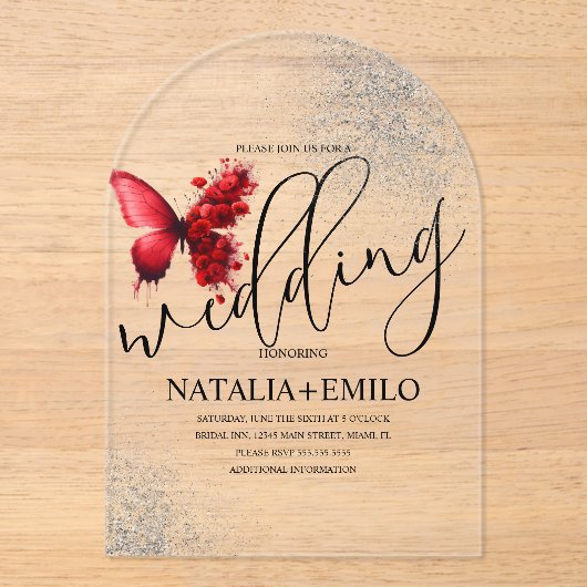 Red Butterfly Script Minimal Wedding Acryleinladungen (Vorderseite)