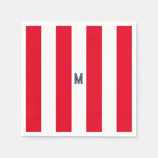 Red Cabana Strip & Personalisiert Navy Monogram Serviette (Vorderseite)