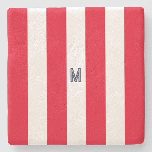 Red Cabana Strip & Personalisiert Navy Monogram Steinuntersetzer (Vorderseite)