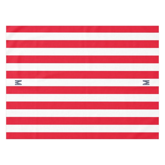 Red Cabana Strip & Personalisiert Navy Monogram Tischdecke (Vorderseite (Horizontal))
