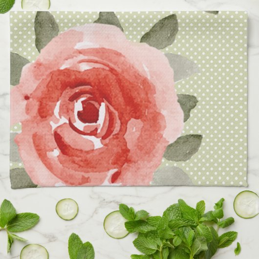 Red Cabbage Rose auf weiß und Limone Dots Handtüch Geschirrtuch (Gefaltet)