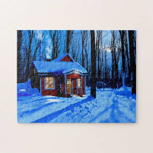 Red Cabin in einem schneebedeckten Wald-Puzzle Puzzle (Horizontal)