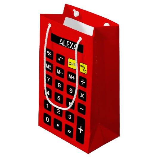 Red Calculator mit Geburtsname Kleine Geschenktüte (Vorderseite Schrägansicht)