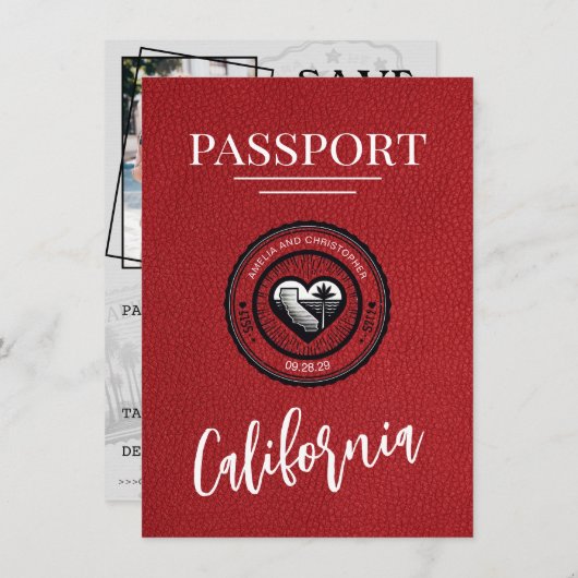 Red California Passport Save the Date (Vorne/Hinten)