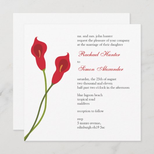 Red Calla Lilies Wedding Einladung (Vorne/Hinten)