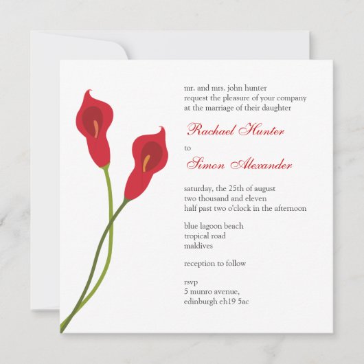 Red Calla Lilies Wedding Einladung (Vorderseite)
