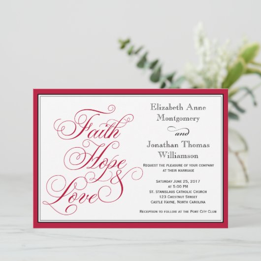 Red Calligraphy Faith Hope Liebe Hochzeit Einladun Einladung (Stehend Vorderseite)