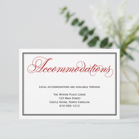 Red Calligraphy Script Wedding Accommodations Card Begleitkarte (Stehend Vorderseite)