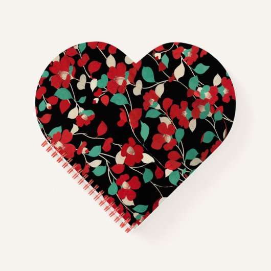 RED CAMELLIAS, WEISSE GRÜNE BLÄTTER BLACK Dark Flo Notizblock (Vorderseite)