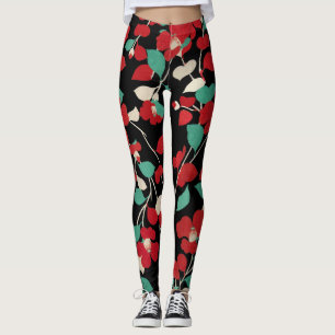 RED CAMELLIAS, WEISSE GRÜNE BLÄTTER, BLACK floral Leggings