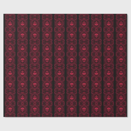 Red Cameo Damask Skulls auf schwarzem Wrapping Pap Geschenkpapier (Flach)