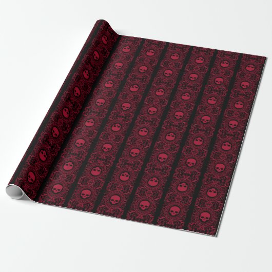 Red Cameo Damask Skulls auf schwarzem Wrapping Pap Geschenkpapier (Ungerollt)