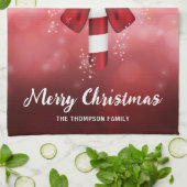 Red Candy Cane auf einem roten Bokeh Hintergrund Geschirrtuch (Gefaltet)