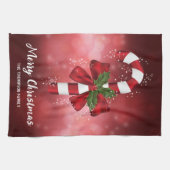 Red Candy Cane auf einem roten Bokeh Hintergrund Geschirrtuch (Horizontal)