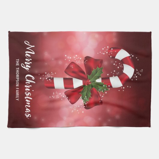 Red Candy Cane auf einem roten Bokeh Hintergrund Geschirrtuch (Horizontal)