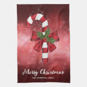 Red Candy Cane auf einem roten Bokeh Hintergrund Geschirrtuch (Vertikal)