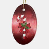 Red Candy Cane auf einem roten Bokeh Hintergrund Keramik Ornament (Links)