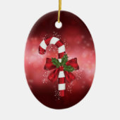 Red Candy Cane auf einem roten Bokeh Hintergrund Keramik Ornament (Vorne)