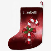 Red Candy Cane auf einem roten Bokeh Hintergrund Kleiner Weihnachtsstrumpf (Rückseite)