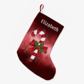 Red Candy Cane auf einem roten Bokeh Hintergrund Kleiner Weihnachtsstrumpf (Vorderansicht (hängend))