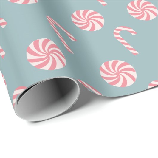 Red Candy Cane Pattern Slate Blue Geschenkpapier (Rolleneckpunkt)