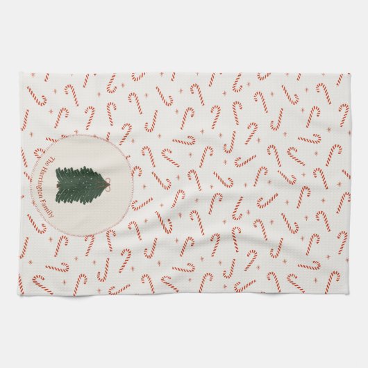 Red Candy Cane Weihnachtsbaum Custom Familienname Geschirrtuch (Horizontal)