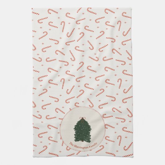 Red Candy Cane Weihnachtsbaum Custom Familienname Geschirrtuch (Vertikal)