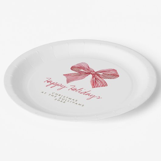 Red Candy Stripe Bow Personalisierte Feier Pappteller (Schrägansicht)