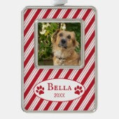 Red Candy Stripes Dog Foto Gerahmte Ornamente Rahmen-Ornament Silber (Vorderseite)