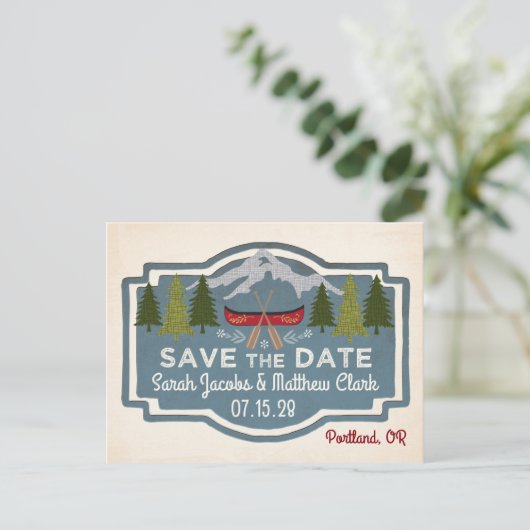 Red Canoe Save the Date Postkarte (Stehend Vorderseite)