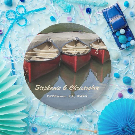Red Canoes Wedelname and Date Paper Plate Pappteller (Party)